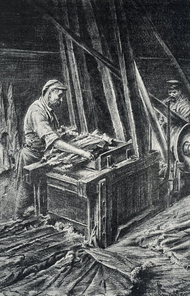 Leatherwork, the softening of the animal skins in a fuller. Engraving from Pierre Calmette Collection by Pierre Calmettes