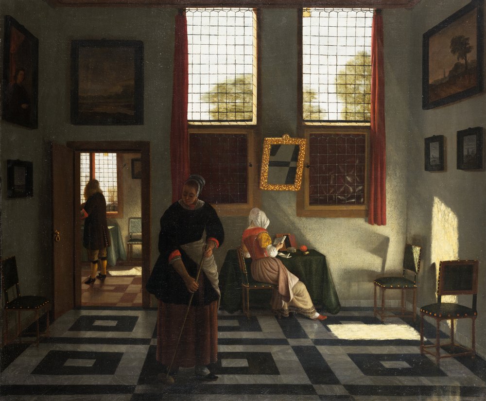 Interior with Painter, Woman Reading and Maid Sweeping by Pieter (1623-82) Janssens
