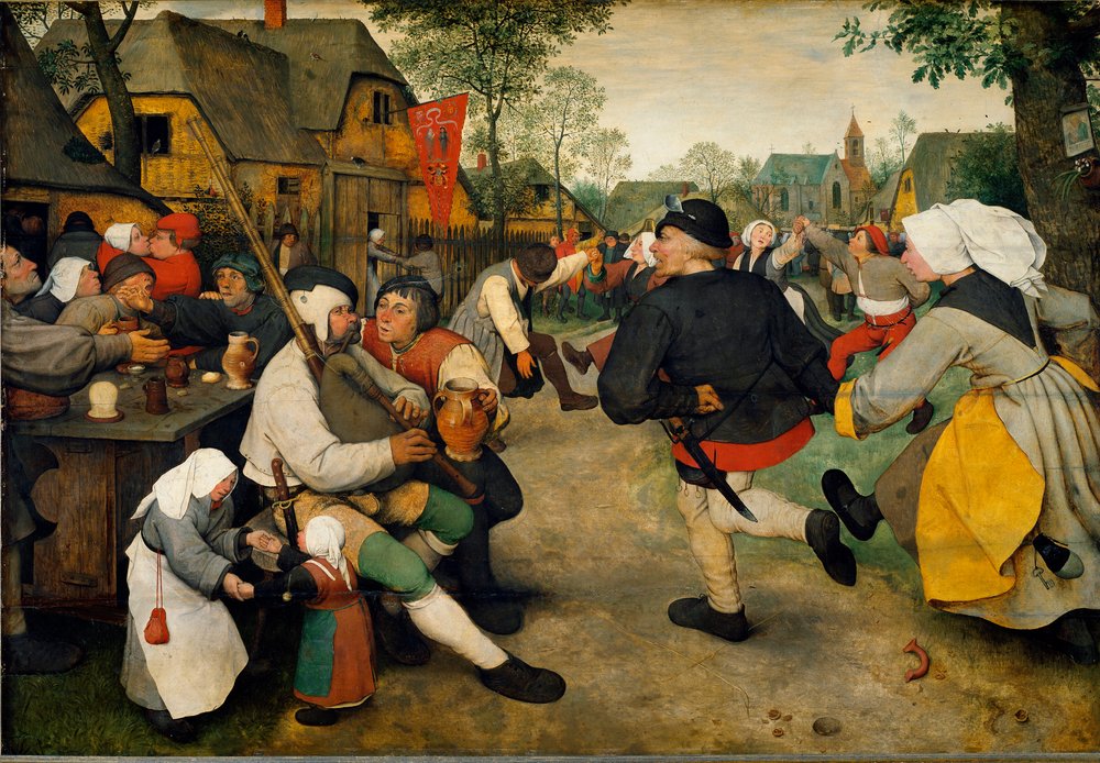 Peasant Dance. A man plays bagpipes alongside an alcoholic. Behind them with the flag is a brothel while the villagers dance and have fun. by Pieter Bruegel the Elder