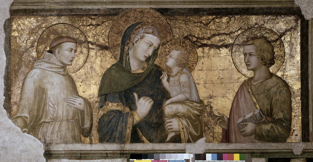The Virgin and Child between Saint John and Saint Francis, fresco by Pietro Lorenzetti (1280-1348) in Assisi, Lower Basilica, Orsini Chapel. by Pietro Lorenzetti
