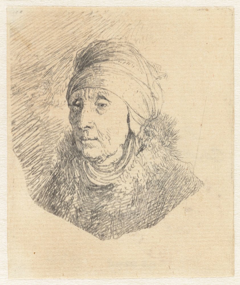 Woman with a High Headdress Wrapped Around the Chin: Bust by Rembrandt van Rijn