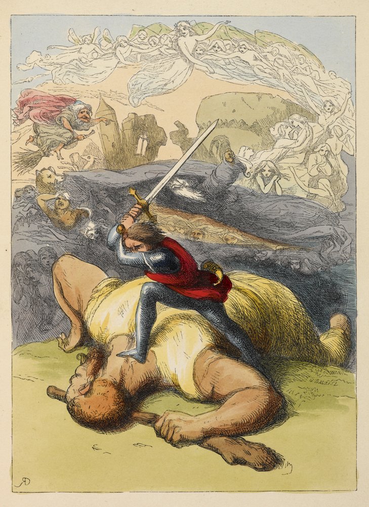 Jack standing on the body of a giant, with his sword raised