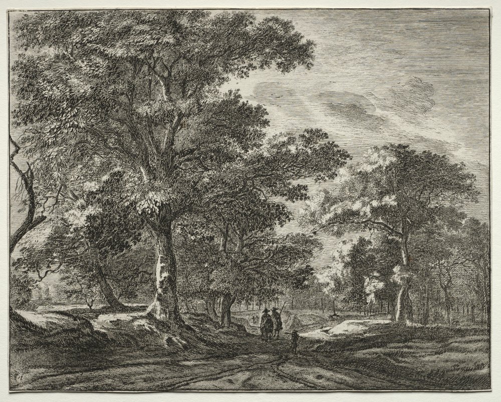 Six Views in the Wood of the Hague: Two Men Preceded by a Hunter by Roelant Roghman