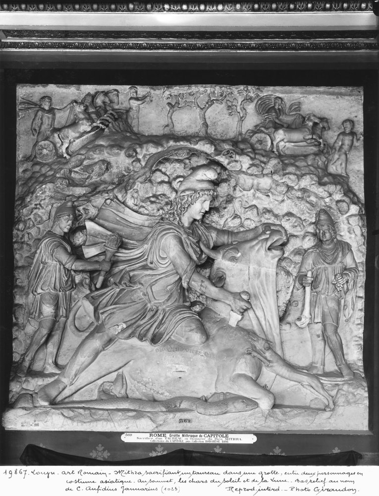 Mithras Sacrificing the Bull in a Grotto Between Two Characters in ...