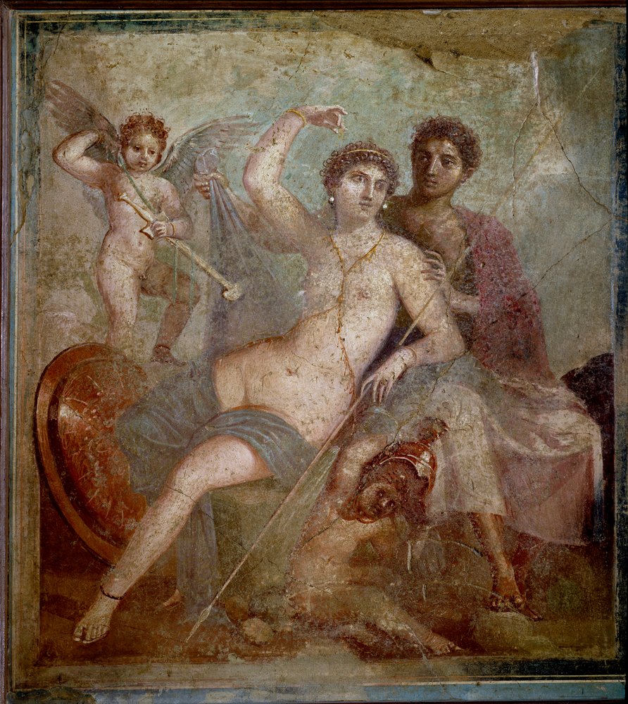 Representation of Ares and Aphrodite, accompanied by loves playing with the weapons of the god. Fresco from the Villa de Mars and Venus in Pompei. 1st century AD. Archaeological Museum of Naples by Roman