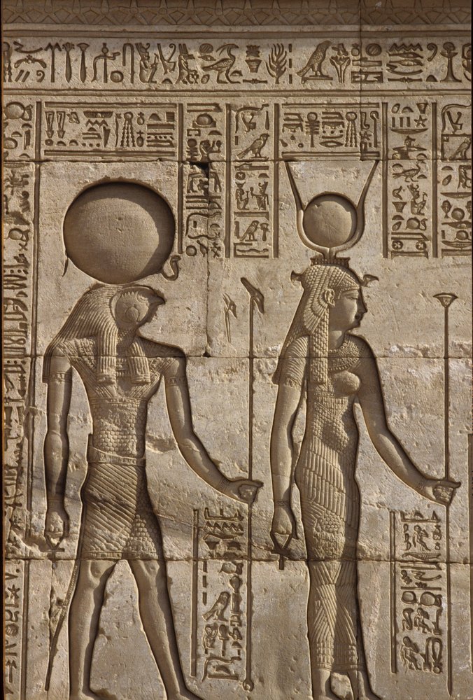 Wall painting/carving, Horus and Isis receive an offering from the ...