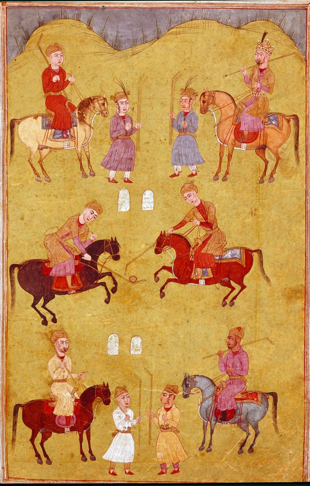 Islamic art: the polo match. Persian miniature from a manuscript of the epic poem “Shahnameh” (Shah Nama, Shahnama) (Book of Kings) by Ferdowsi (Firdawsi, Ferdawsi, or Firdousi, ca. 940 to around 1020), Biblioteca Nazionale, Naples by School Persian