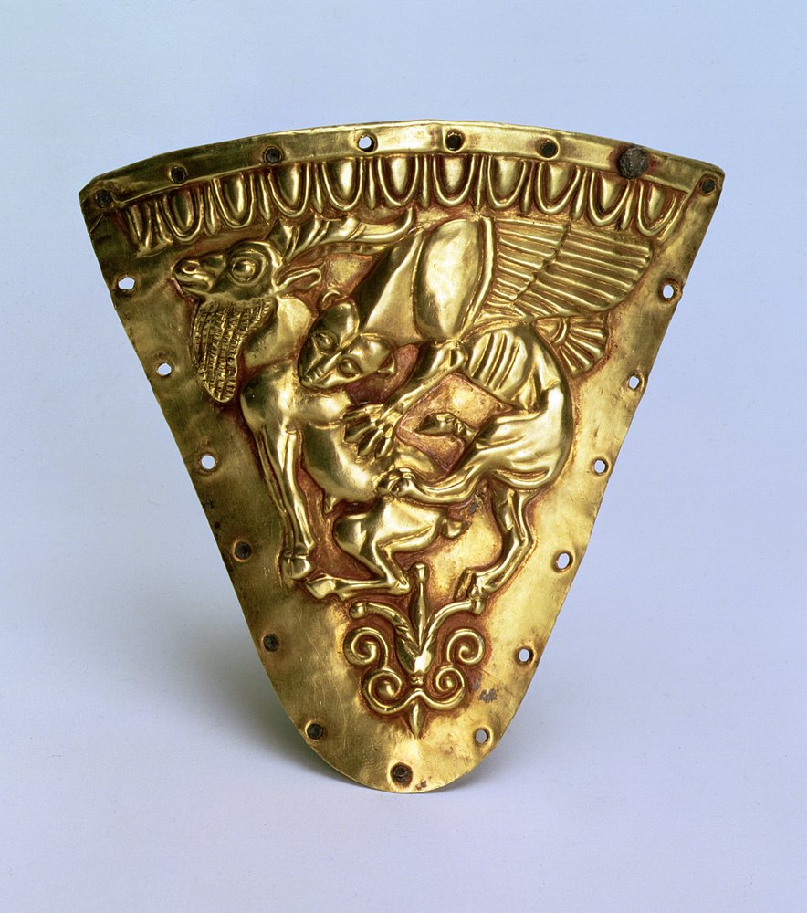 Rhyton Ornament with a Relief of a Fabulous Winged Creature Attacking a ...