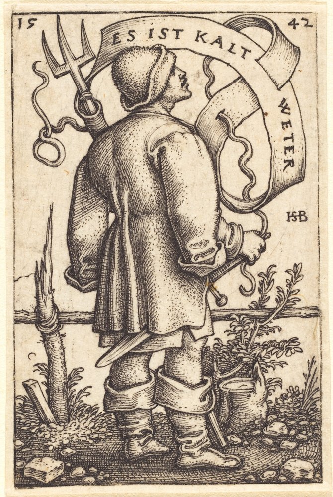 The Weather Peasant: "It is Cold Weather" by Sebald Beham
