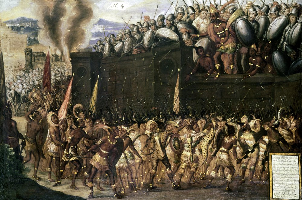 Montezuma captured by the Spaniards, pleads with the Aztecs to ...