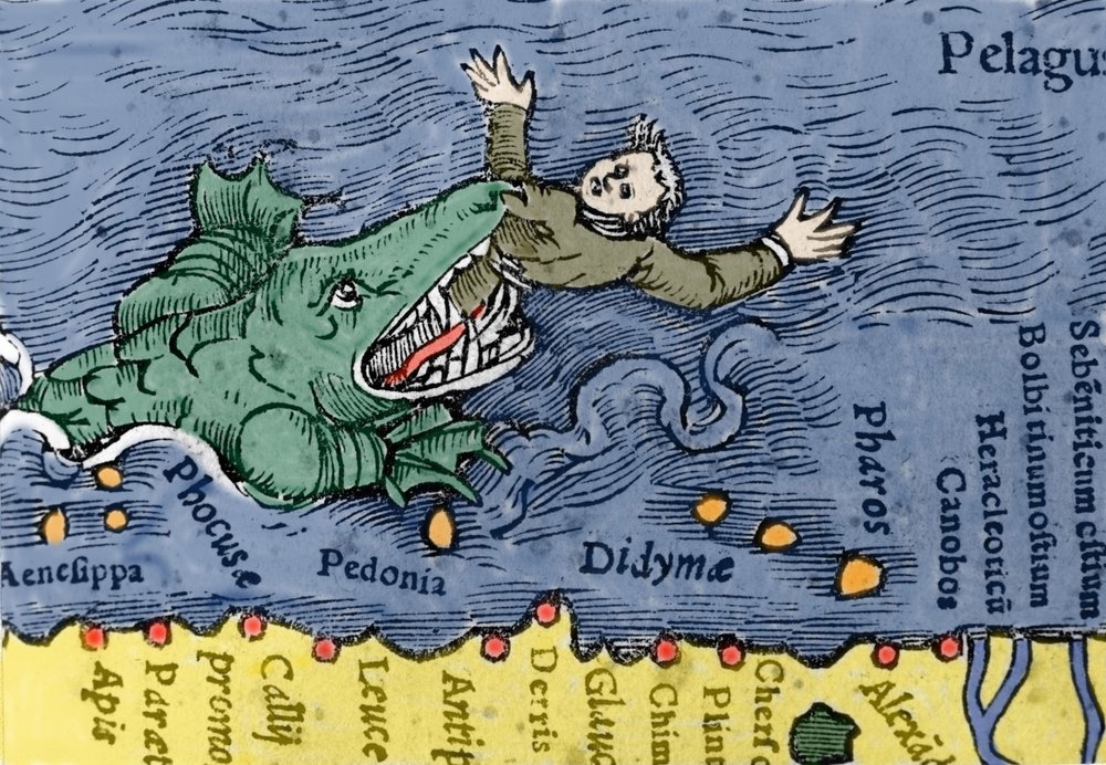 pedonia Sea Monster eating a human, illustration from 'Historiae Animalium' by  Conrad Gesner