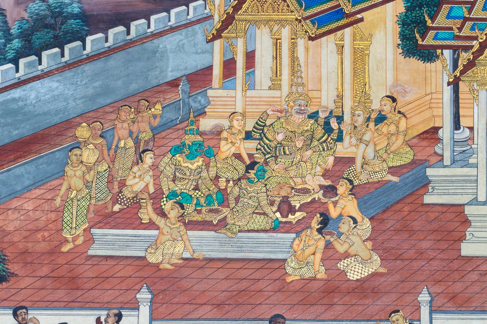 Mural depicting scenes from the Ramayana at Wat Phra Kaeo, the Royal Grand Palace, Bangkok, Thailand by Thai School