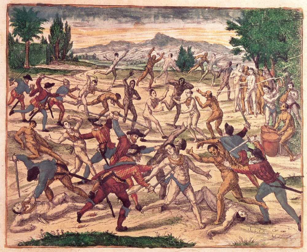 Pedro de Alvarado and his soldiers massacring the Aztecs, c.1520 by Theodore de Bry