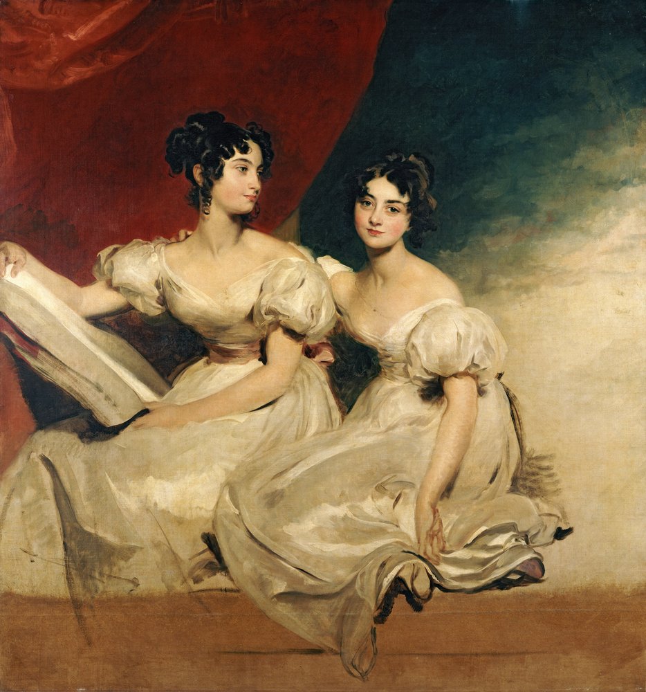 A double portrait of the Fullerton sisters, seated full length, in white dresses, c. 1825 by Thomas Lawrence