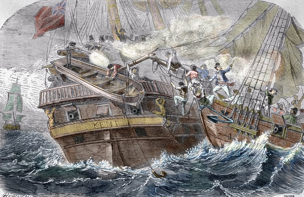 Capture of the Kent by the French privateer Robert Surcouf on the ship ...