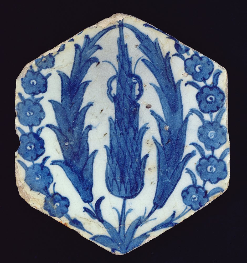 Hexagonal Isnik Tile with Cypresses and a Prunus, 1560-70