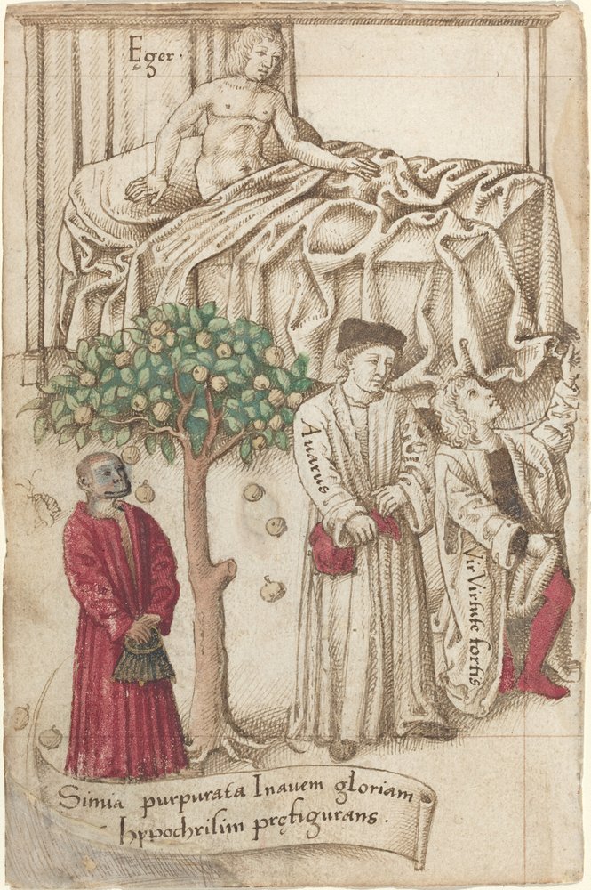 An Ape in Purple with a Sick Man, a Good Man, and a Miser by Unbekannt