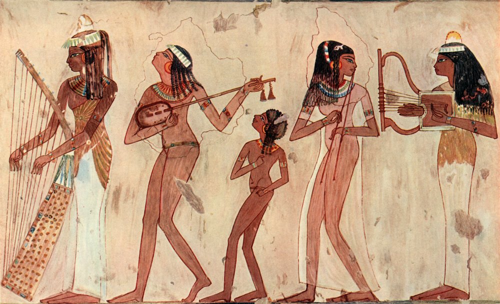 Egyptian Arched Harp, Lute, Double Oboe and Lyre, Tomb Painting in Veset Thebes c.1420-1411 B.C by Unbekannt