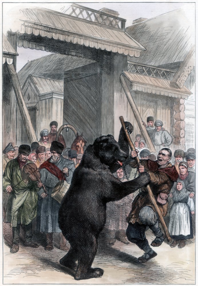 Performing bear in a Russian village, 1877 by Unbekannt