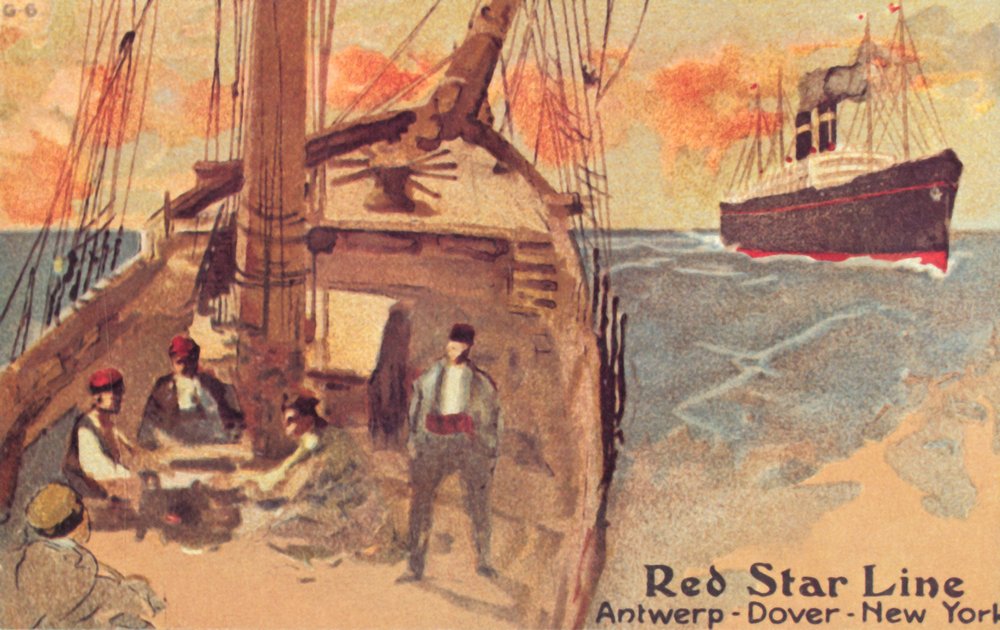 Sailing Ship and Red Star Ocean Liner by Unbekannt