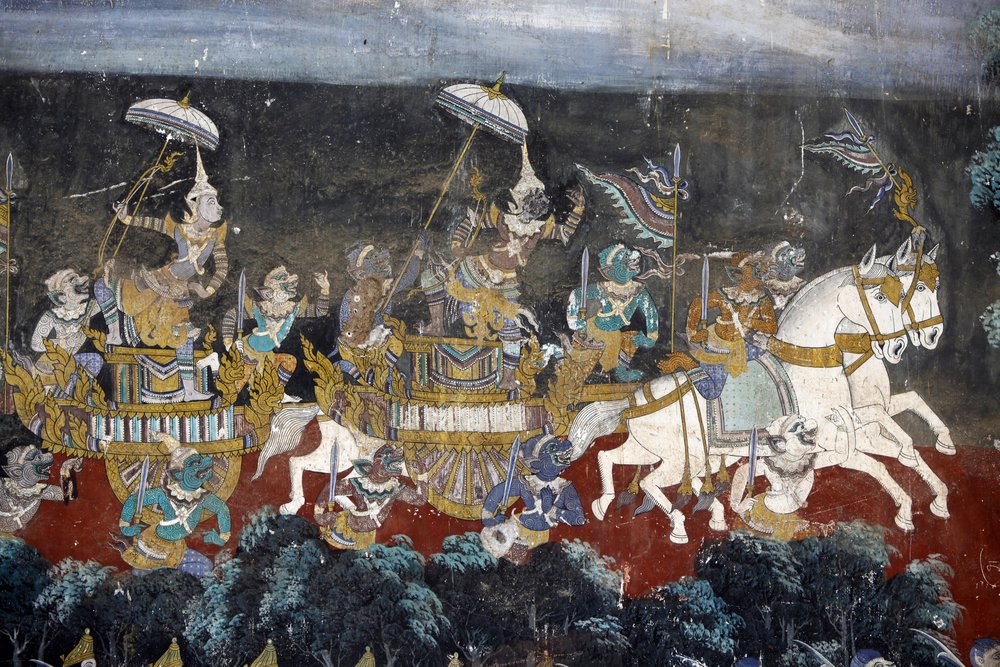 Murals depicting stories from the Reamker in the Silver Pagoda compound ...