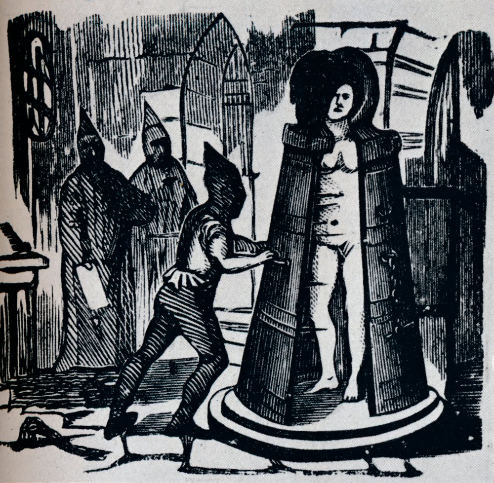 Woodcut showing Geuders Iron Maiden in a torture chamber Setting by Unbekannt