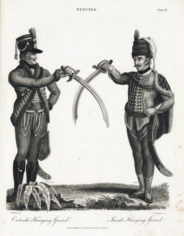 Fencing: open guard in supination and closed guard in supination, performed by Swiss and Prussian officers by Unbekannt