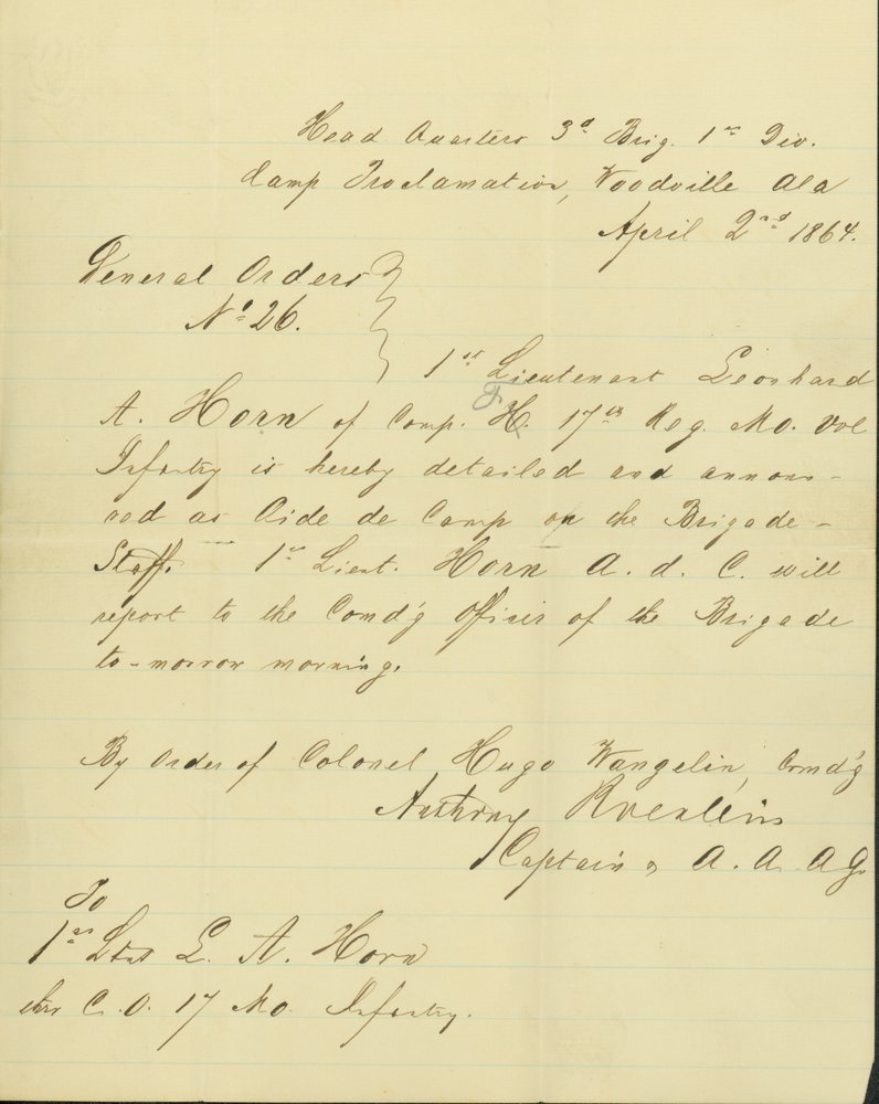 Announces that Leonard A. Horn is Detailed as Aide de Camp on the Brigade Staff by Unknown