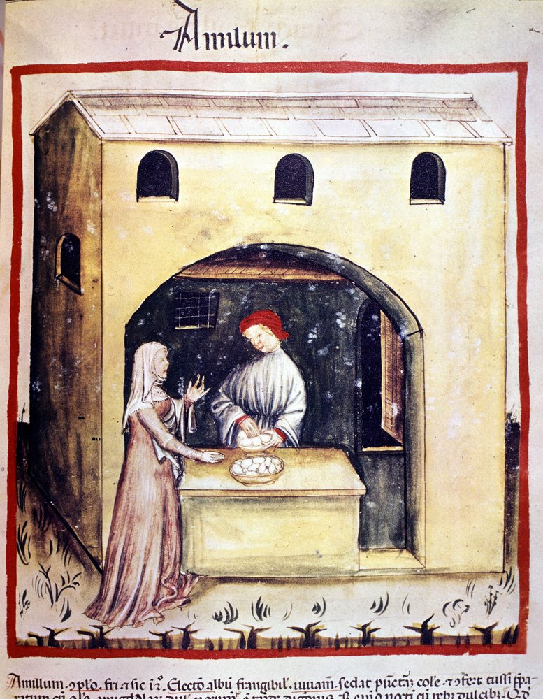 A Young Woman Buys Eggs from a Trader. Illumination from the Tacuinum Sanitatis by Unknown artist