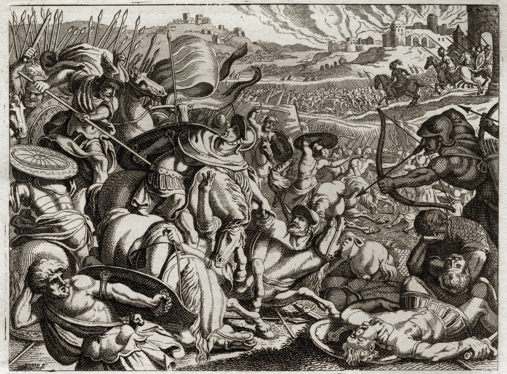 Bible of Royaumont, Old Testament: Punishment of the Benjamites. The tribe of Benjamin is exterminated. Illustration from 1811 by Unknown artist