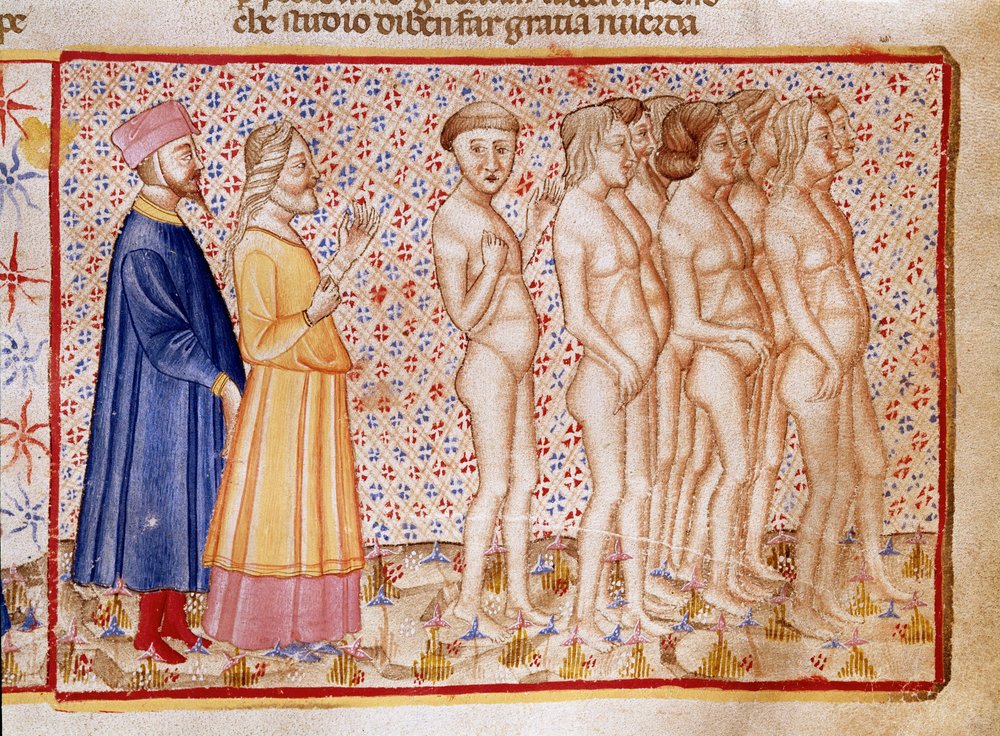 Circle of violent towards God, nature and art: Dante and Virgil meet blasphemers. Illuminated page illustrating a song of Hell from the 