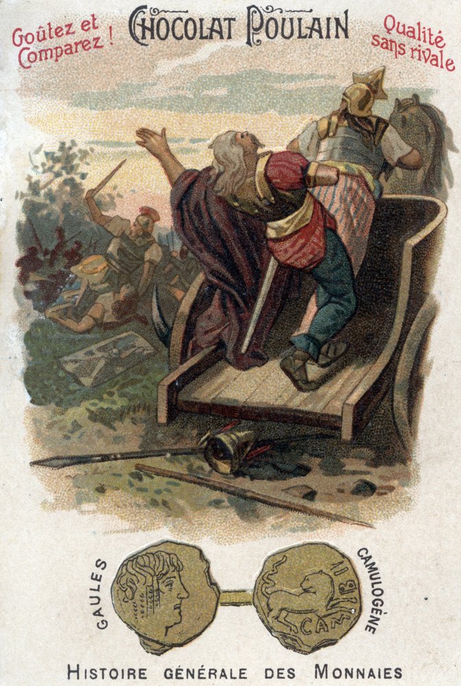 Gauls Aulerque: Battle of Lutetia between Camulogene and Labienus in 53 BC. In General History of Coins. Chromolithography of the end of the 19th century. Private collection. by Unknown artist