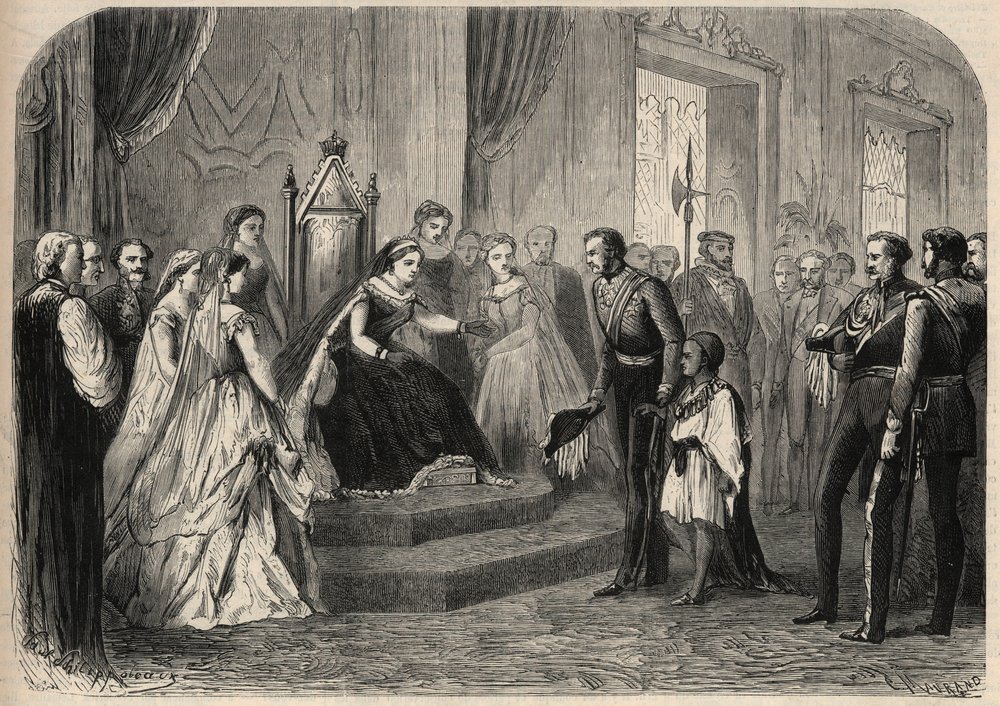 General Robert Cornelis Napier introduced Leul Alemayehou Tewodros, the son of Ethiopian negus Theodoros II, to Queen Victoria. Engraving in 
