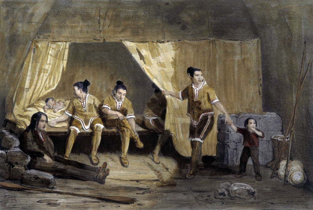 Interior of an Eskimo box, Frederikshaab, Greenland - lithography