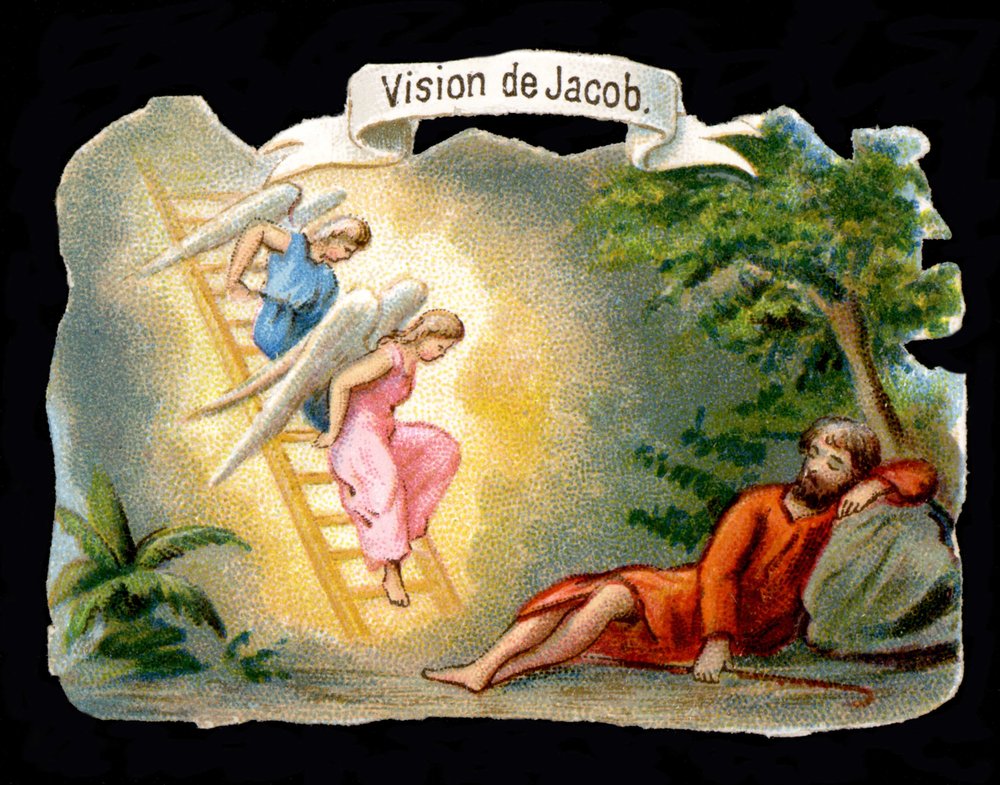 Jacob's vision represented by angels descending from heaven by a ladder