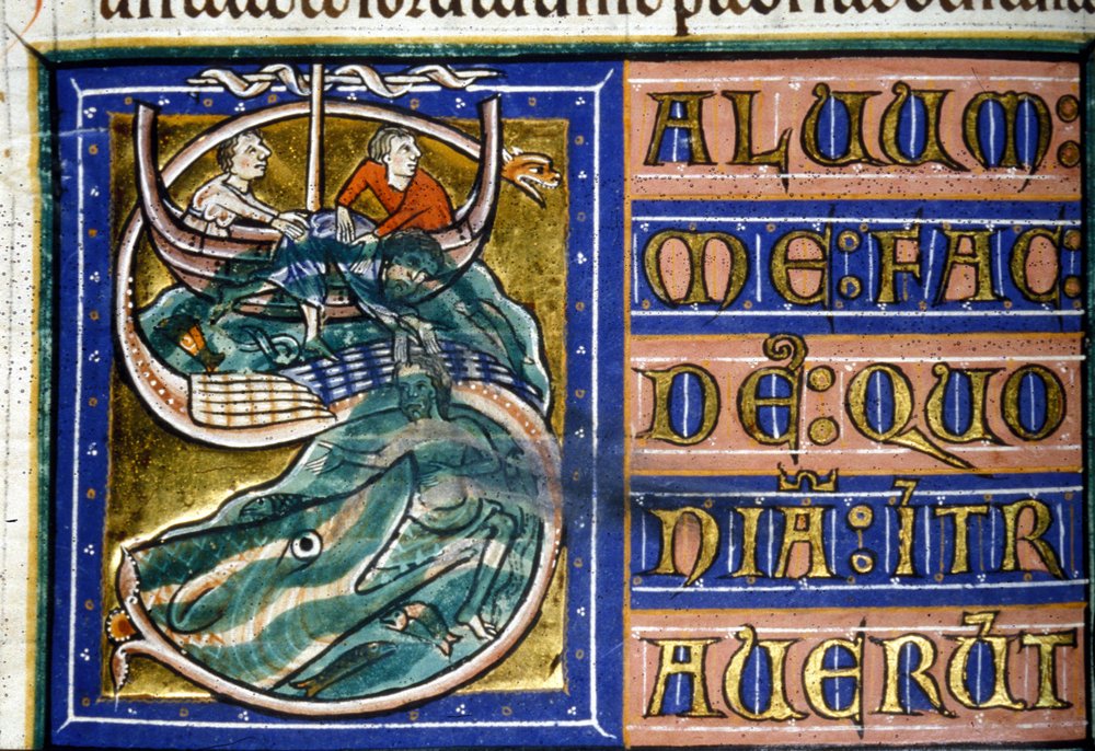 Jonah is thrown into the sea and devoured by a huge fish. 14th century ...