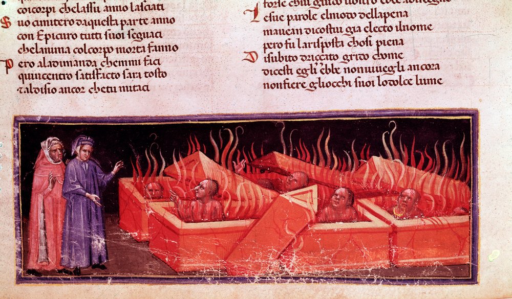 Portrait of Dante Alighieri among Virgil heretics (song X of Hell, in ...