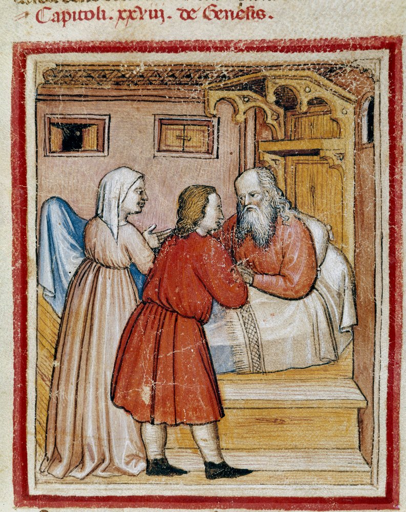 Rebecca brings her son Jacob, whom her brother Esau threatens to kill, in front of her husband Isaac to take away his blessing by Unknown artist