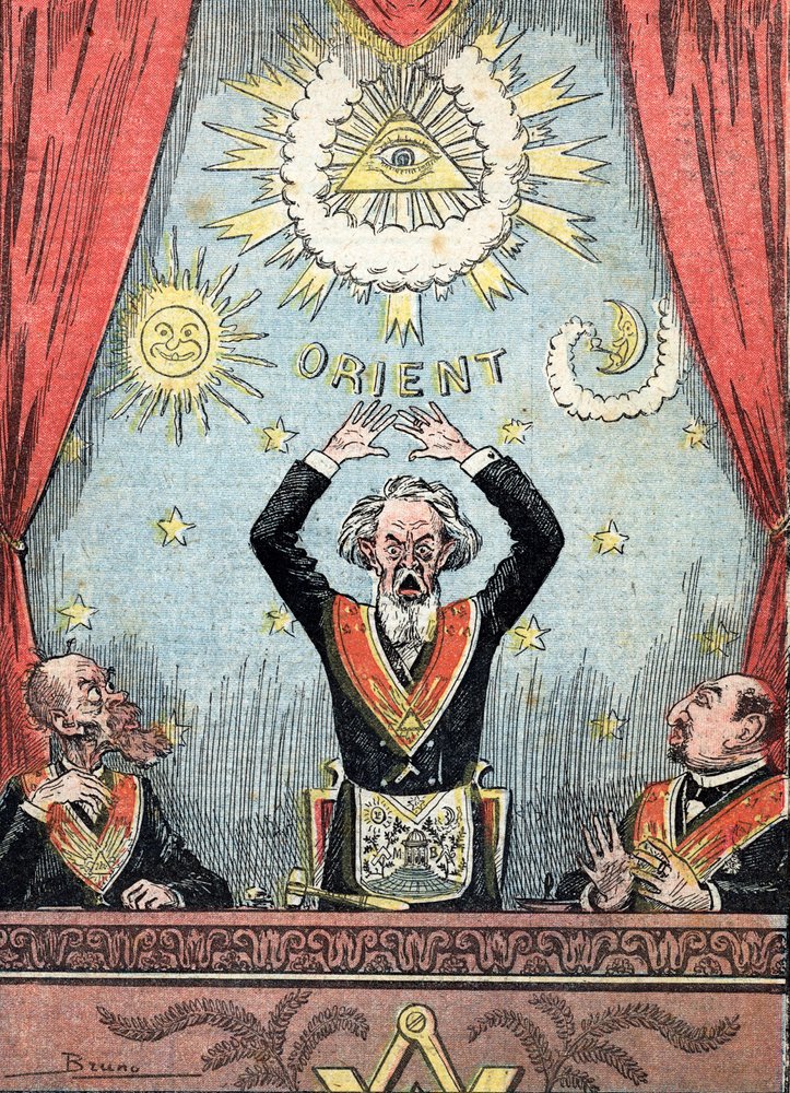 Satirical representation of a lodge of Freemasons, the Grand Master surrounded by Masonic symbols stirred furiously in his lodge. Caricature from “Le Pèlerin”, 23/06/1912. Private collection by Unknown Artist