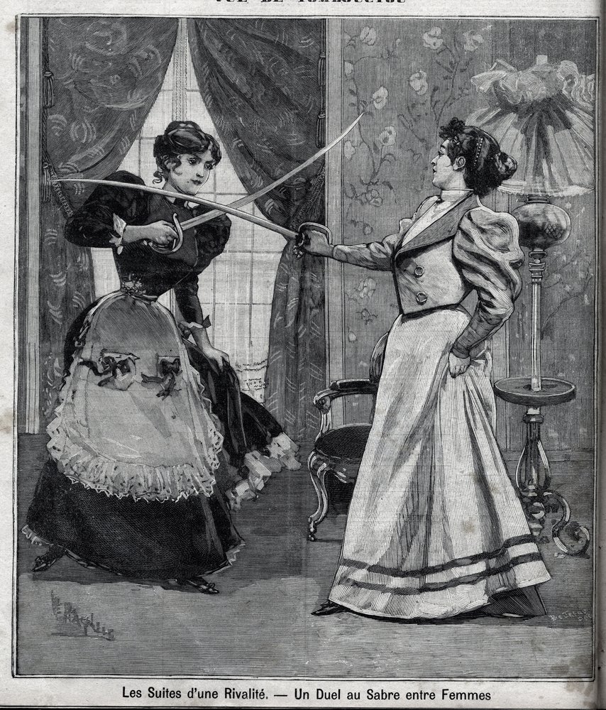 The aftermath of a rivalry: a sword duel between women. Engraving in Le ...