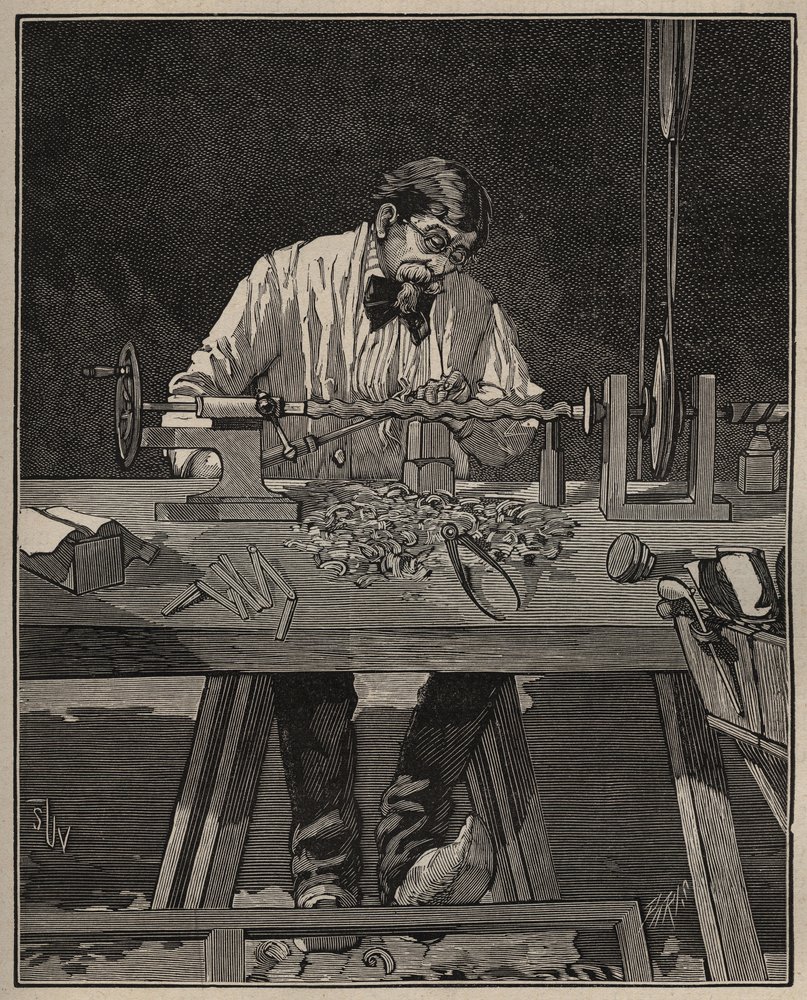 The art of lathe: faconing of a torso column. Engraving from 1885 in ...