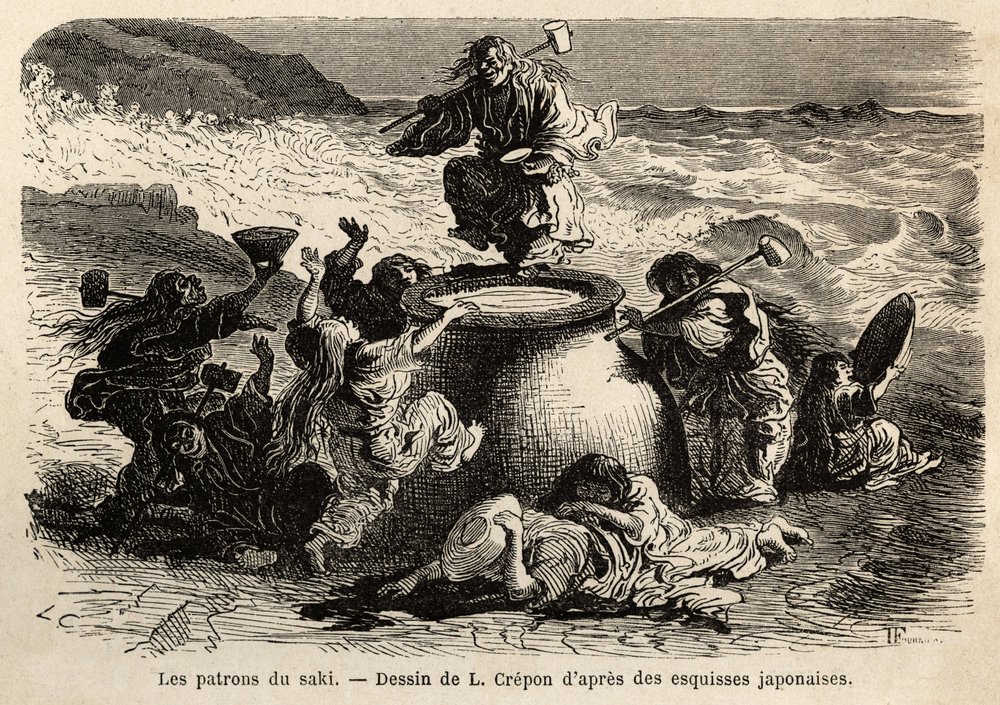 The family of the inventors of sake, composed of parents and their eight children, collective bosses of brewery, they live on the coast of the great Ocean, wear a belt of oak leaves and a long redhead hair that covers them up to the hips, arms of bowls and by Unknown artist