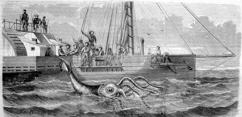 The first giant squid captured in 1861 by the French corvette Alecton. As the crew hoisted it aboard, it broke in half and disappeared to the bottom of the sea. Engraving from the end of the 19th century. Breton by Unknown artist