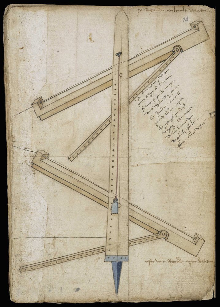 Tower measuring machine - Manuscript: parchment sheet of an engineer's ...