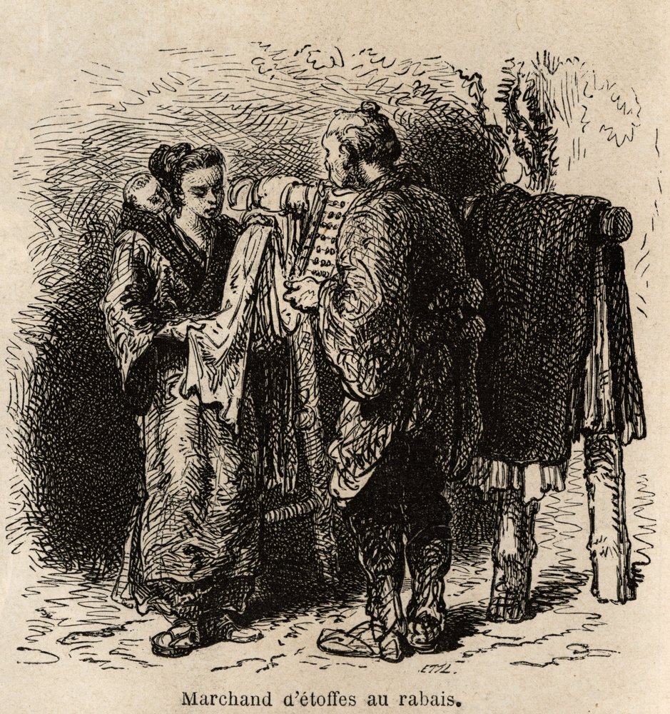 A discount cloth dealer makes the article to a young woman carrying her toddler on her back. Engraving to illustrate the journey to Japan, by Aime Humbert, minister of the Swiss Confederation, in 1863-1864, published in 