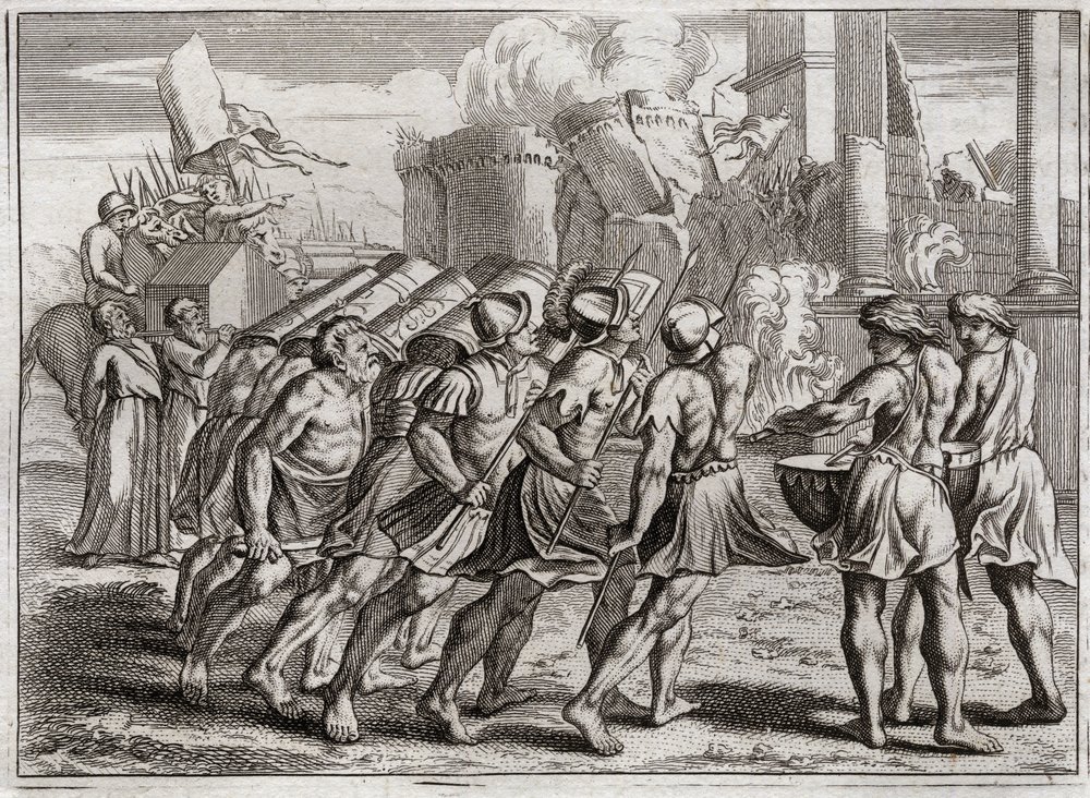 Bible of Royaumont, Old Testament: Taken of Jericho. The Walls of Jericho fall to the ground to the sound of the trumpets of the Priests who preceded the Ark of the Covenant of the Lord. Illustration from 1811. by Unknown artist