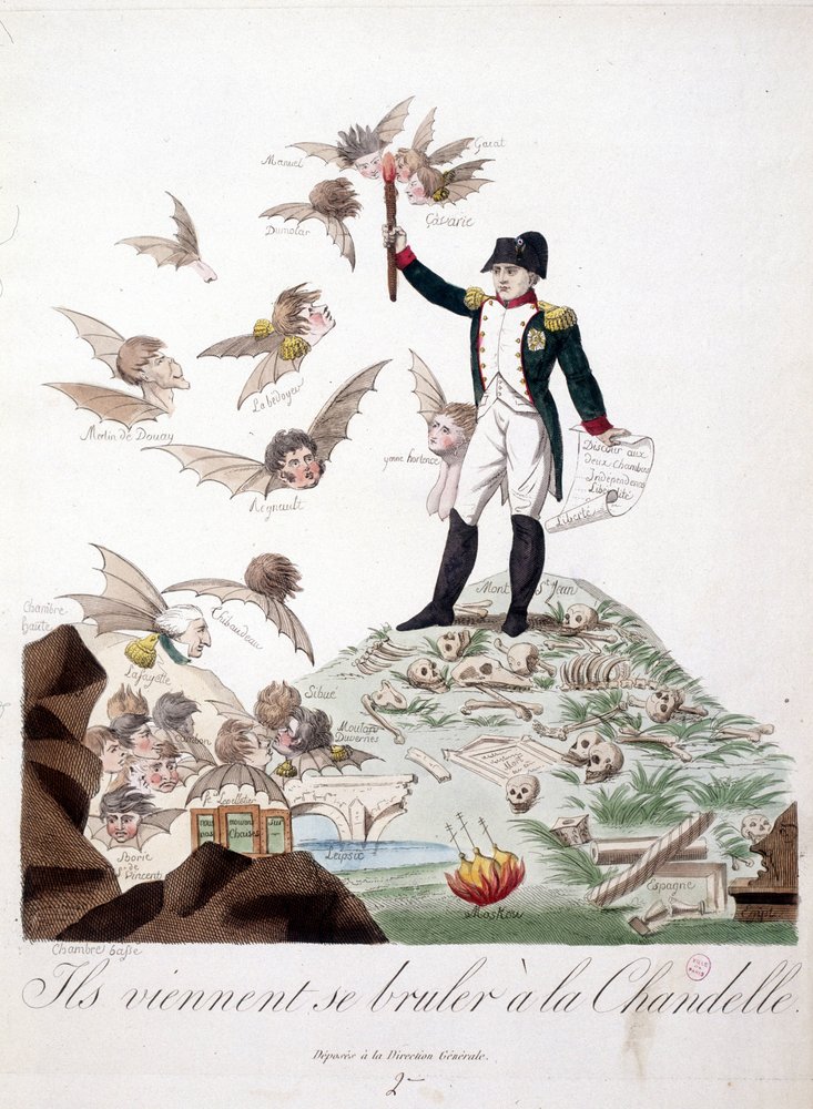 Cartoon about Napoleon I depicted on a hill covered with skeletons and ...