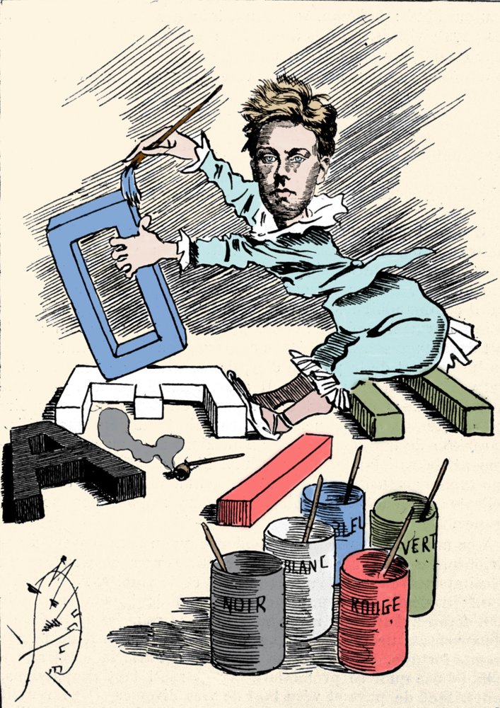 Cartoon depicting the poet Arthur Rimbaud covering alphabet letters ...