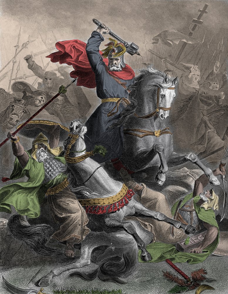 Charles Martel (690-741) leading the Franks to the battle against the Arab invasion in Tours, France, 732 (Battle of Poitiers) - colourised engraving, 19th century - Charles Martel leading the Franks against Arab invaders at Tours, France, 732 AD. by Unknown artist