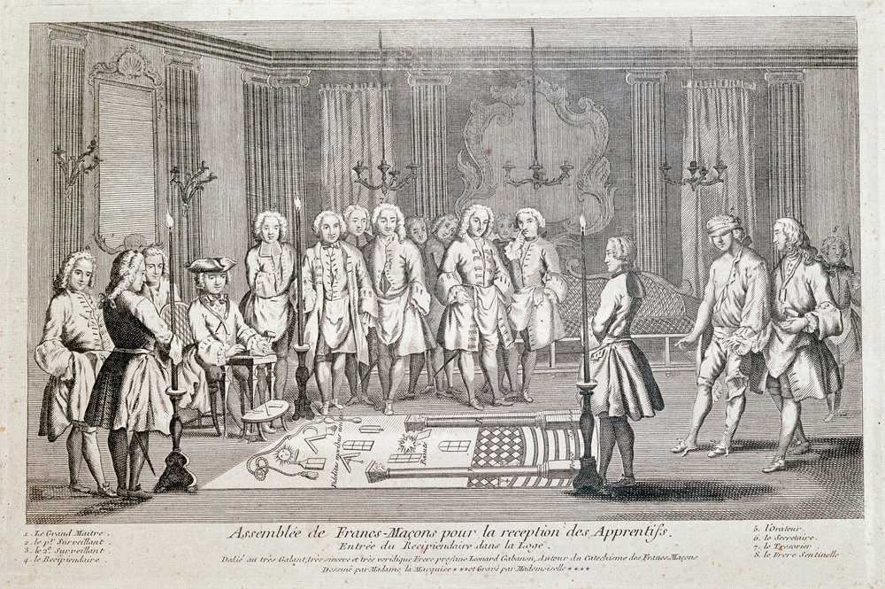 Freemasonry: “Assembly of Freemasons for the admission of apprentices”. Ceremony for the entry of the recipient into the lodge. He moves forward, blindfolded, guided by the second supervisor, towards the Grand Master (sitting on the left). On th by Unknown artist